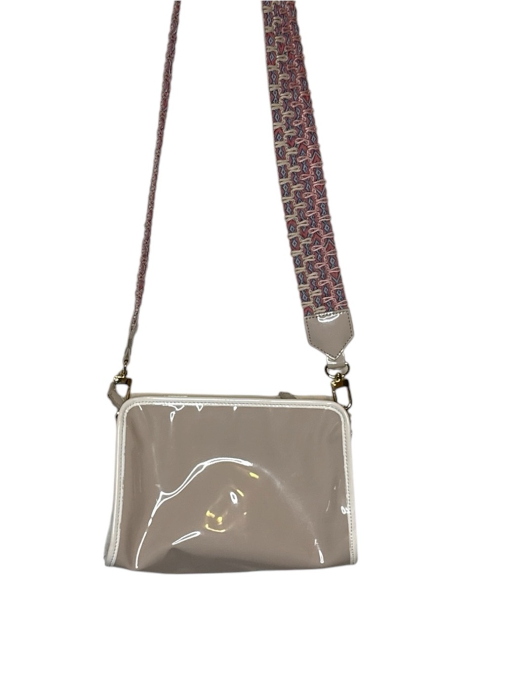 Neutral Patent Crossbody Bag with Colorful Woven Guitar Strap